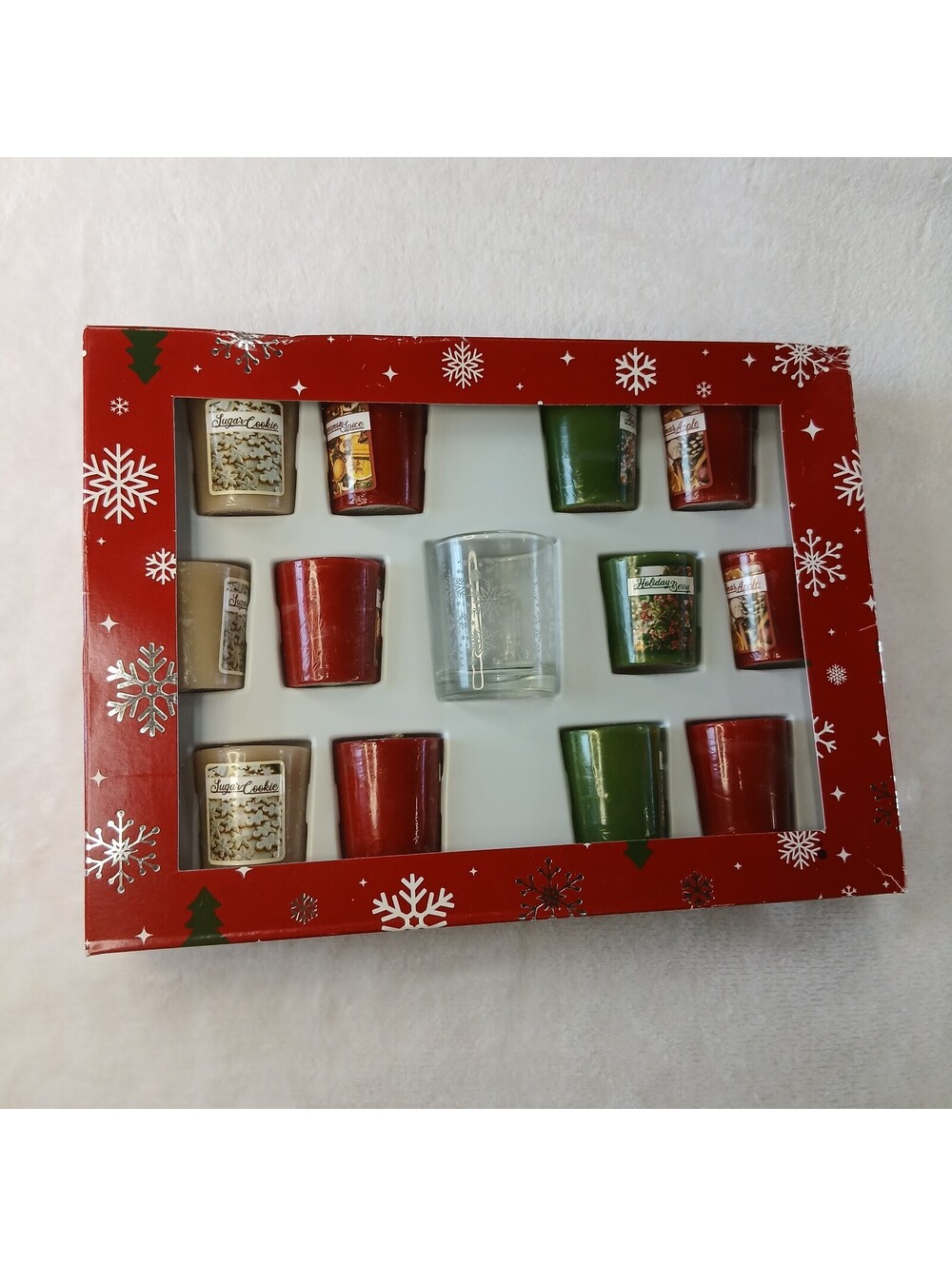 Christmas Votive Candle Gift Set 12 Samplers 1 Glass Holder Holiday Memories